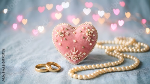 Pink heart shaped ornament with pearls and gold ring on gray background with colorful heart lights