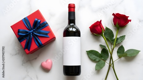 Wine bottle with roses and gift box on white background romantic evening