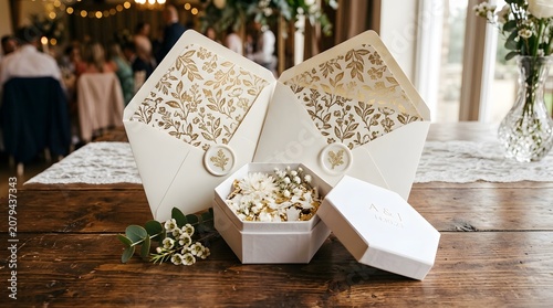 Wedding favors and decorations on a table in a banquet hall