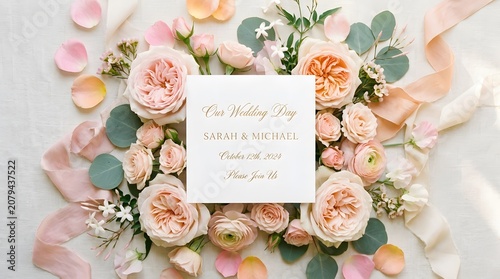 Beautiful floral arrangement with white card and soft pastel colored flowers and leaves on white background
