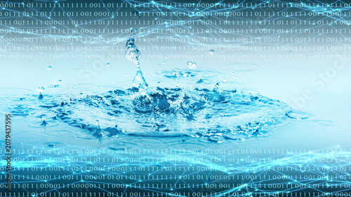 binary code overlay and grid from nodes and lines over a close-up of splashing water drops, illustration concept for tokenization, surveillance and data tracking of water resource