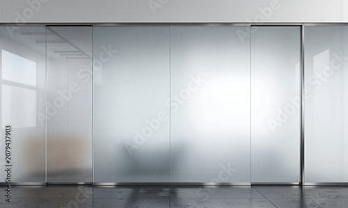 Smart glass partition sliding wall with integrated electrochromic tint transitioning to privacy mode in a modern office interior