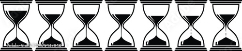 Foto Hourglass progression icons set, black and white vector showing sand flow stages