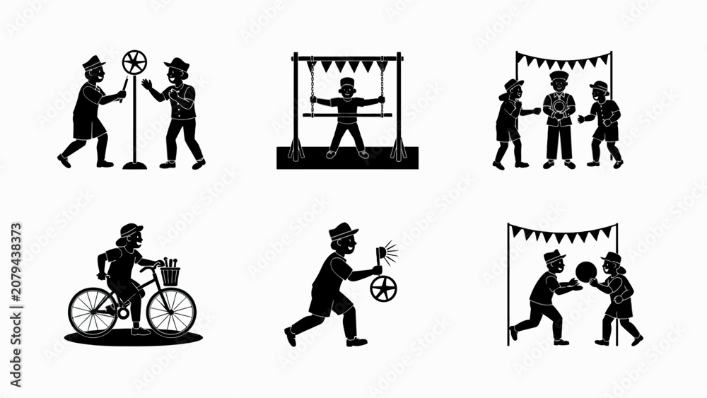 Obraz premium Children playing, cycling, and enjoying outdoor activities in silhouette