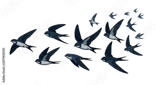 Flock of barn swallow birds flying together vector illustration