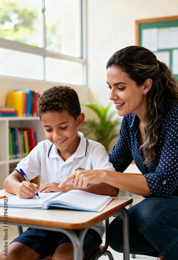 Obraz premium eacher Helping Young Boy Student Study in Elementary School
