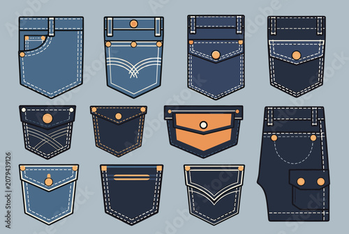Detailed collection of various denim pocket styles and stitching designs for jeans and clothing wear.