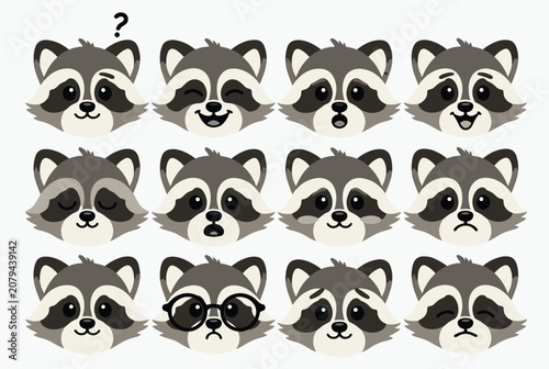 Diverse collection of twelve cute cartoon raccoon faces showing different facial expressions and emotions.