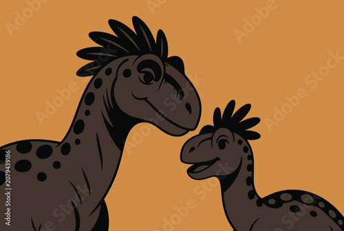 Adorable illustration of a mother dinosaur and her cute baby dinosaur against a warm orange background.