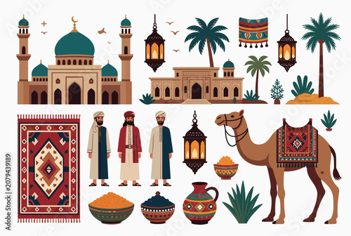 Beautiful collection of traditional Arabic cultural elements including a mosque, camel, lanterns, and rugs.