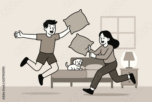 Happy energetic couple having a fun pillow fight in their cozy bedroom while their small dog watches.