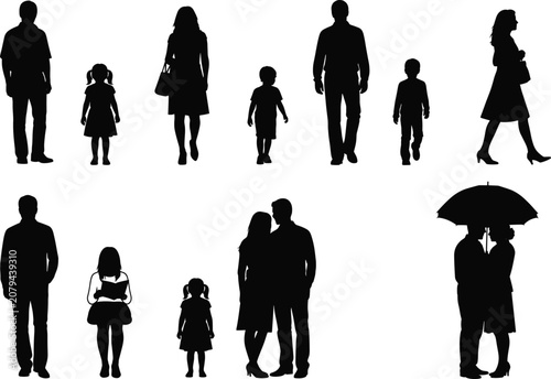 Canvastavla Human silhouette set with individuals, couples, and families, black vector icons