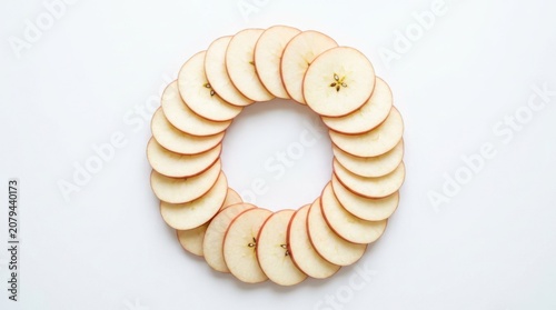 Fresh apple slices arranged in a circular wreath pattern on a clean surface for a healthy food and nutrition concept