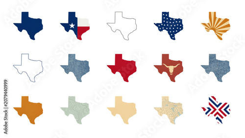 Set of colorful texas state shape icons with different colors and outlines Vector