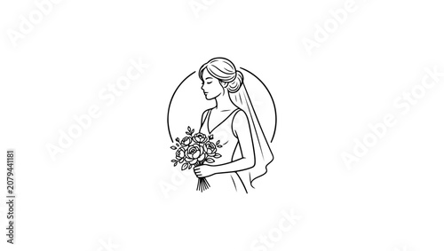 Elegant bridal logo with bride holding a wedding bouquet, minimalist vector illustration, luxury feminine branding, black monochrome line art, isolated on white background,