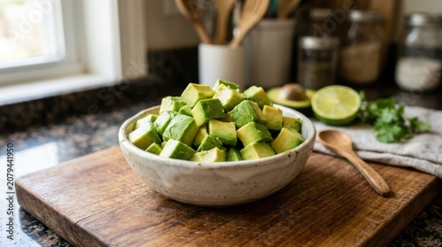 Fresh green avocado cubes in a bowl on a wooden kitchen cutting board for healthy cooking and nutrition preparation