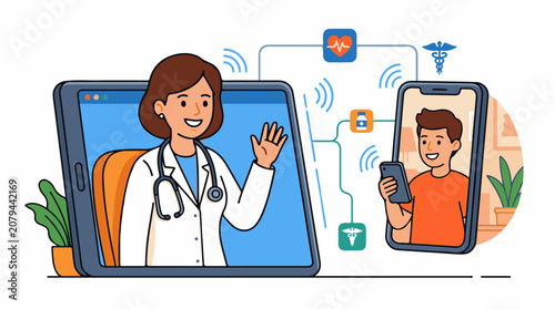 Doctor on tablet consults with patient on smartphone via telemedicine