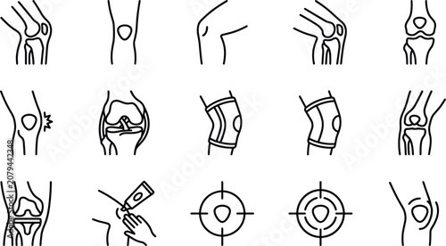 Foto Human Knee Joint and Orthopedic Anatomy Line Icon Set with Pain Inflammation Sup