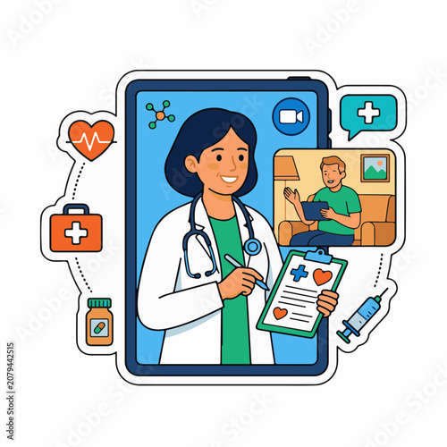 Doctor consults with patient via video call surrounded by medical icons (1)