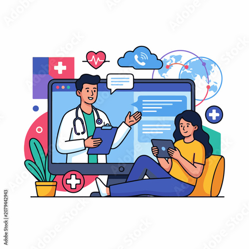 Doctor consults patient via video call using digital technology