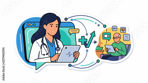 Doctor and patient interact virtually with healthcare technology