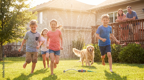 summer heat children sprinkler backyard water play cooling family children run through a backyard sprinkler on a very hot day creating joyful water play and family summer relief with distinct hot