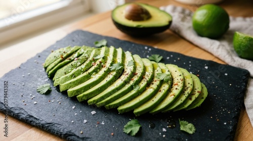 Fresh sliced avocado arranged on a black slate stone board for healthy eating and cooking in a bright kitchen setting