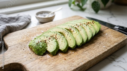 Fresh green avocado slices arranged on a rustic wooden cutting board with herbs and spices for a healthy meal prep