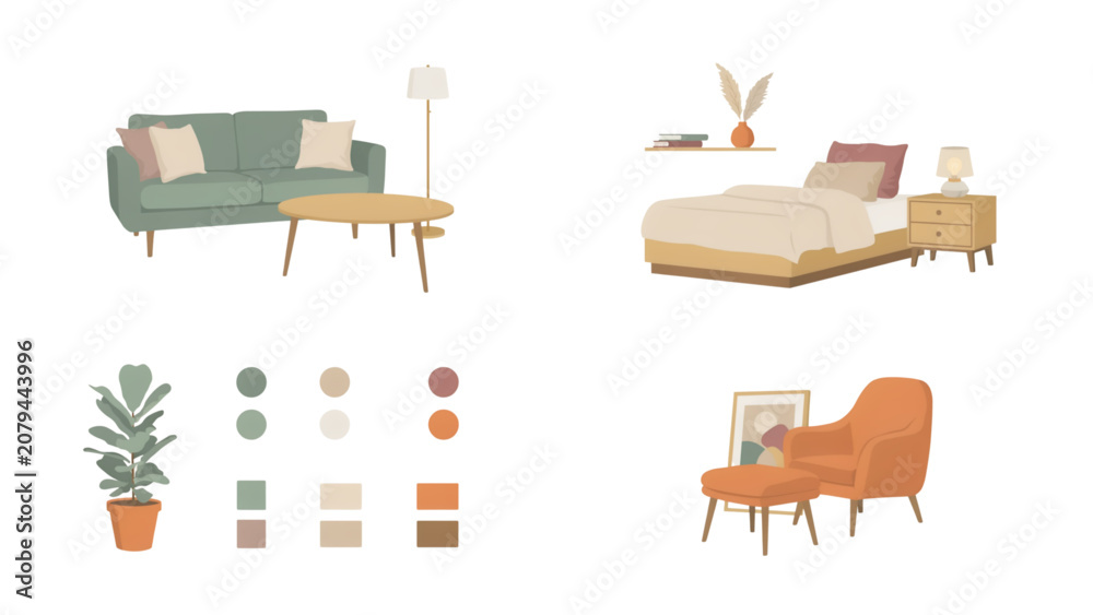 Fototapeta premium Minimalist flat lay of cozy bedroom and living room furniture set with plants and decor Vector
