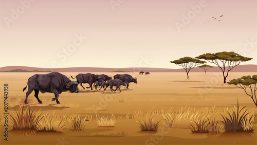 Herbivores grazing peacefully in a dry savanna landscape under a warm sky Vector