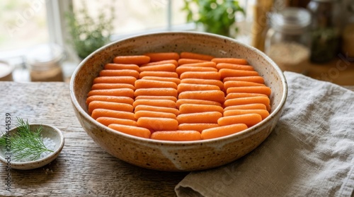 A large round bowl filled with many fresh baby carrots neatly arranged for a healthy snack or meal on a wooden table
