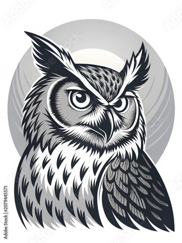 Detailed Monochrome Owl Portrait Illustration with Intense Gaze and Stylized Feathers for Modern Logo and Mascot Design