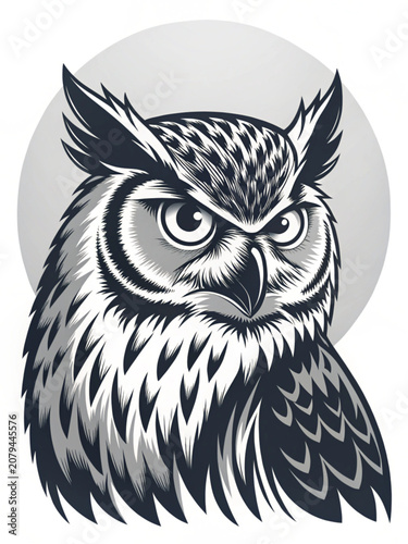Stylized black and white owl head icon for logo or mascot design, featuring intricate feathers in a circular frame