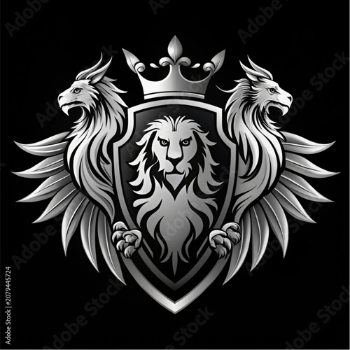 Majestic Silver Lion Heraldic Shield Crest Emblem with Regal Winged Griffins and Crown Design for Luxury Branding