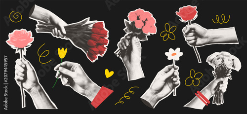 Bild auf Leinwand Vector mixed-media collage set of isolated hands holding flower bouquets with a retro dotted texture
