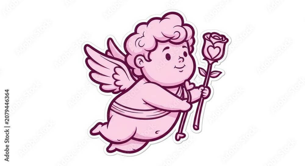 Obraz premium Cute Pink Cupid Cartoon Character Holding a Rose for Valentine's Day Celebration Illustration