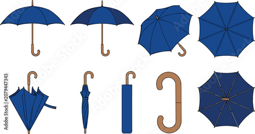 Tableau sur toile Blue Umbrella Vector Mockup Set showing Open Closed and Folded Positions with Wo