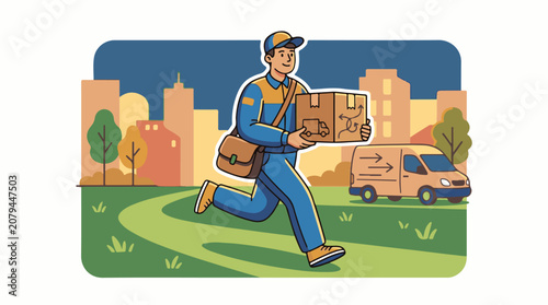 A delivery person runs with a package in a city park