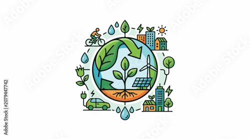 Circular illustration of sustainable city living with renewable energy