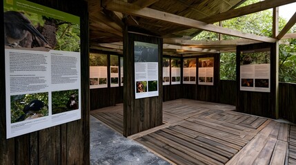 Rear view shot of a wildlife sanctuary featuring intricate educational posters detailing the natural environment