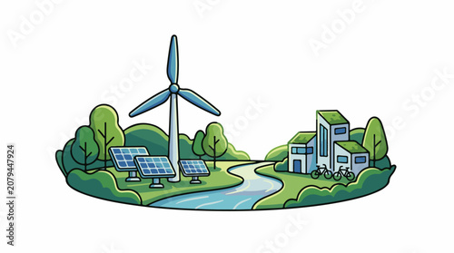 Eco-friendly scene with wind turbine solar panels river and modern buildings