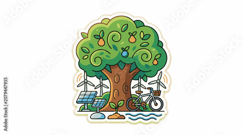 Green tree with renewable energy and transportation elements