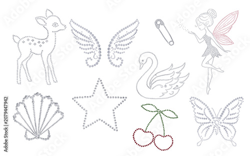 Collection of sparkling rhinestone hotfix motifs featuring a fairy with pink wings, deer, angel wings, swan, butterfly, cherry, seashell, star and safety pin. Elegant crystal embellishment templates 