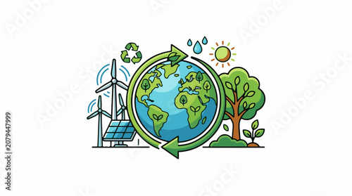 Animated globe with renewable energy sources and nature symbols