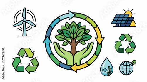 Caring hands cradle a tree within a recycling loop accompanied by renewable energy icons