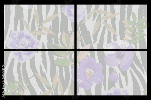 Abstract Zebra Stripe Pattern Background with Soft Pastel Purple Flowers Overlay Vector