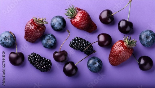 Dramatic Flat Lay Of Dark Purple Fruits And Berries On Lavender