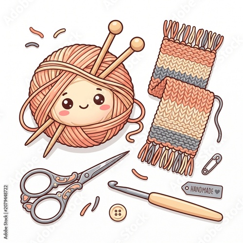 Soft Peach Knitting Yarn and Crochet Hook Clipart Bundle