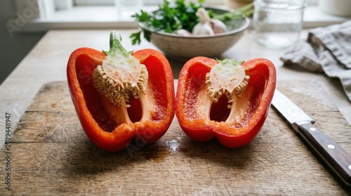 Two halves of a fresh red bell pepper cut on a stone cutting board in a home kitchen setting for healthy food recipes