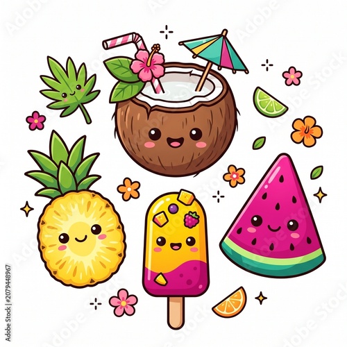 Chibi Coconut Drink and Tropical Fruit Clipart Pack